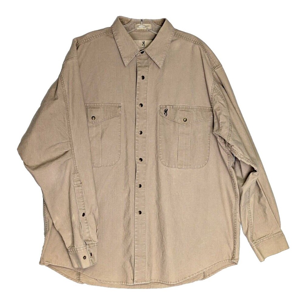 VTG Mens Denim Long Sleeve Shirt Mens XL Khaki Tan Snap Cowboy Western Rodeo